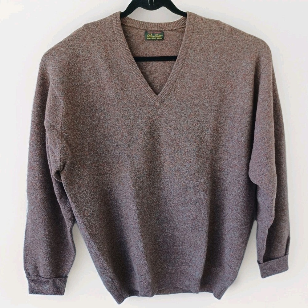 Peter Scott Pure Lambswool V Neck Sweater Men Sz 44 L/XL Made in Scotland Brown